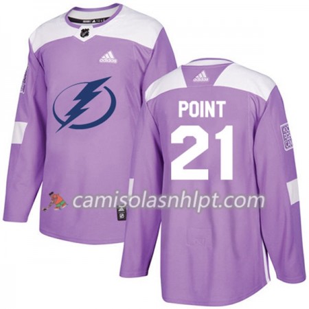Camisola Tampa Bay Lightning Brayden Point 21 Adidas 2017-2018 Roxo Fights Cancer Practice Authentic - Homem